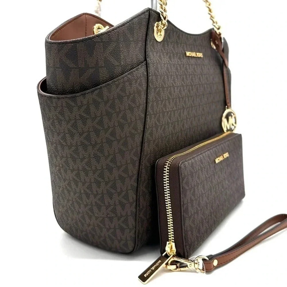 Michael Kors Large Jet Set Travel Chain Shoulder Bag & Continental Wallet Brown - Picture 4 of 15